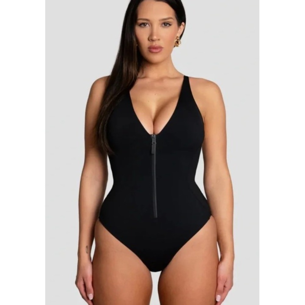 TA3 Cheeky Plungey Zip One Piece Swimsuit Black TA3378RL Size Small Regular Long